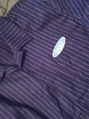 THRT Autobody Shop 2XL Navy Blue Pinstripe Casual Button-Down Shirt Rare NWOT